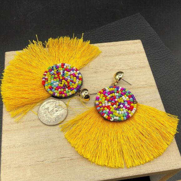 Fringe Fan Earrings Multicolor Beaded Yellow Tassel Boho Festival Dangle Drops - Picture 3 of 7